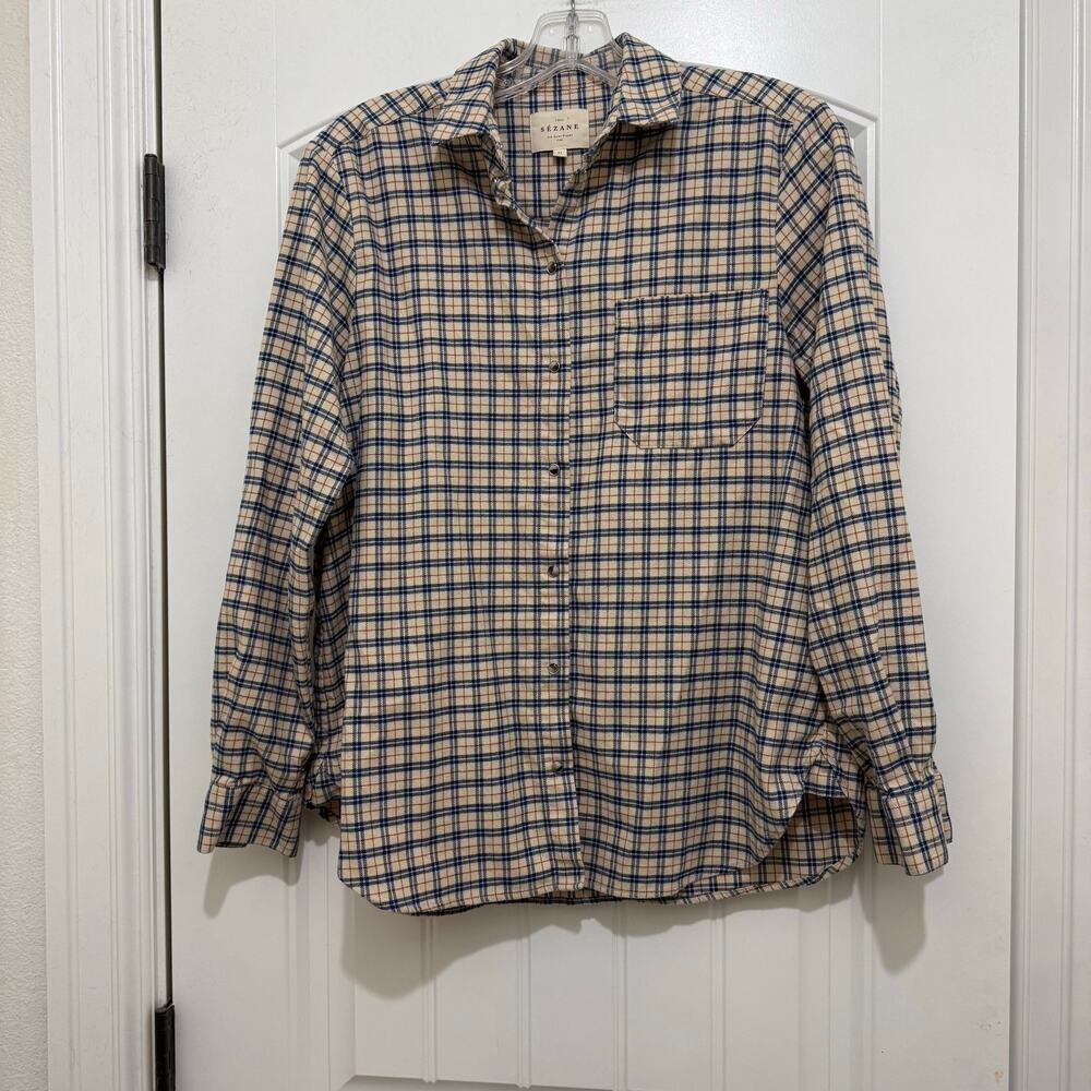 Sezane Max Shirt Cream Blue Plaid Flannel Shirt - Womens Size 34 EUC